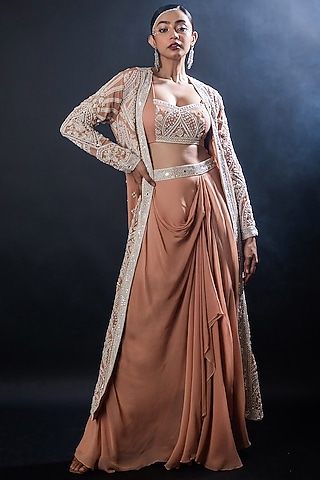 Dusty Rose Georgette Cowl Skirt Set by The Pink Mirror
