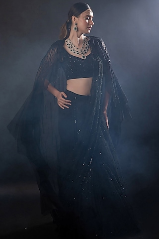 Black Organza Georgette Pre-Draped Saree Set by The Pink Mirror