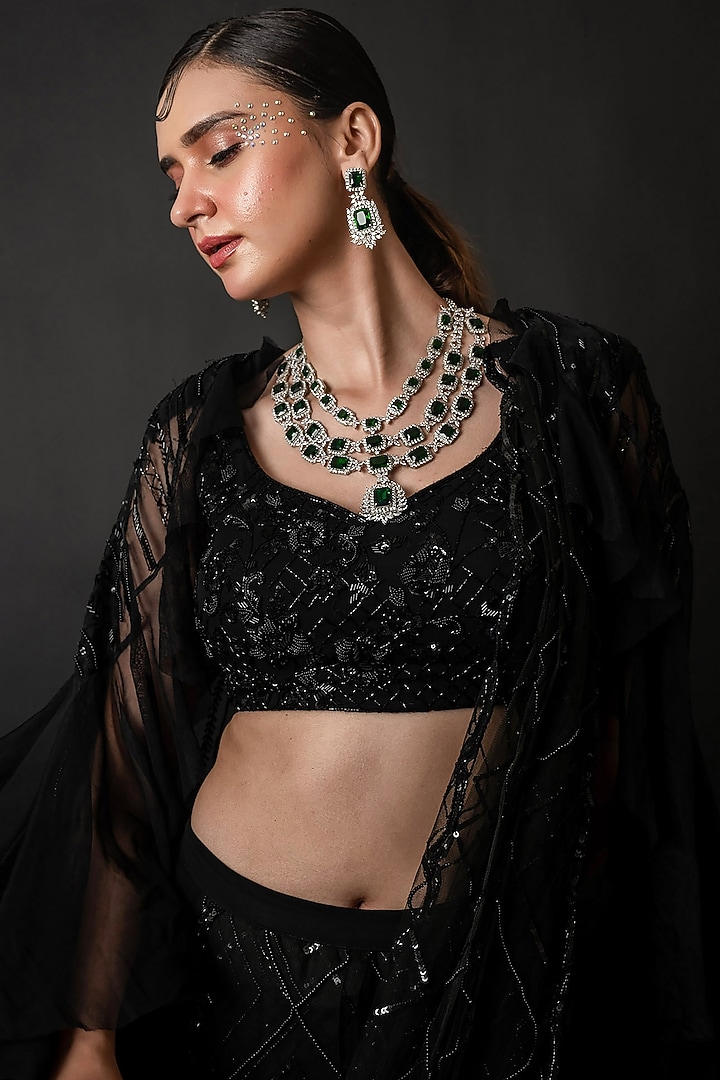 Black Organza Georgette Pre-Draped Wedding Saree Set by The Pink Mirror at Pernia's Pop Up Shop