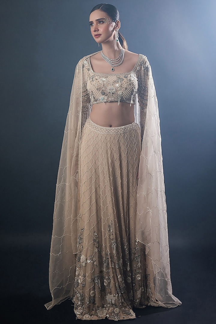 Champagne Georgette Sequins Embroidered Wedding Lehenga Set by The Pink Mirror at Pernia's Pop Up Shop