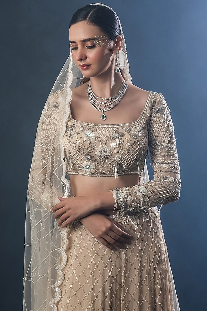 Champagne Georgette Sequins Embroidered Wedding Lehenga Set by The Pink Mirror at Pernia's Pop Up Shop