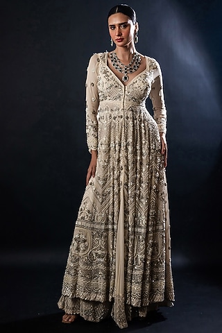 Ivory Georgette Sequins Embroidered Jacket Lehenga Set by The Pink Mirror