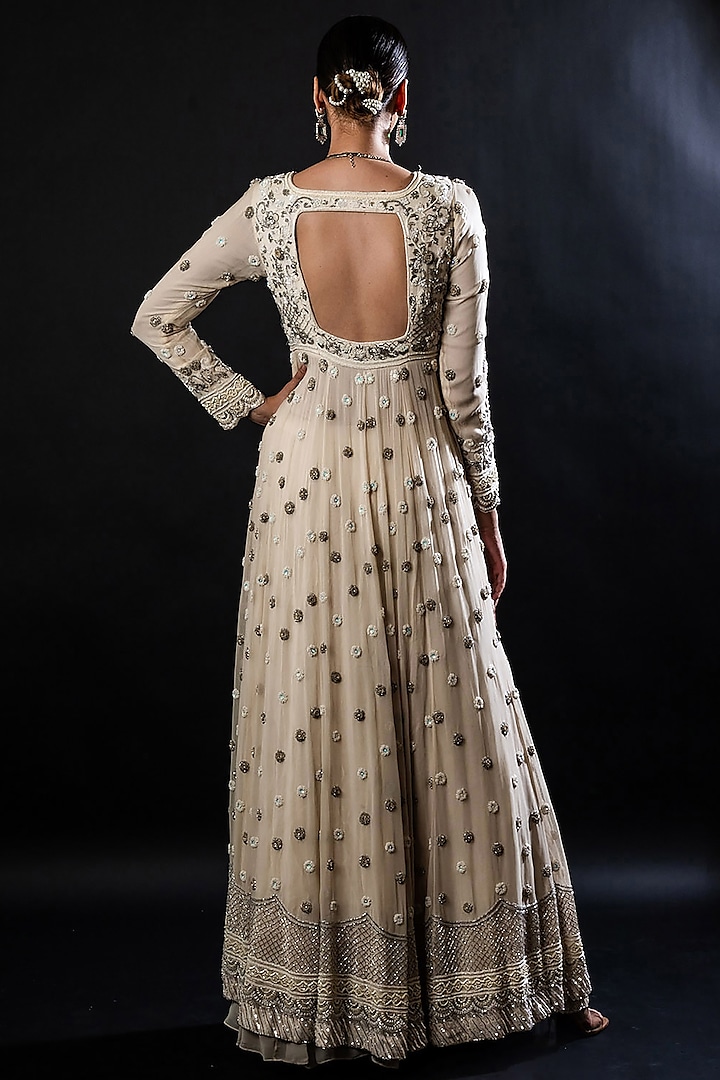 Ivory Georgette Sequins Embroidered Jacket Wedding Lehenga Set by The Pink Mirror at Pernia's Pop Up Shop
