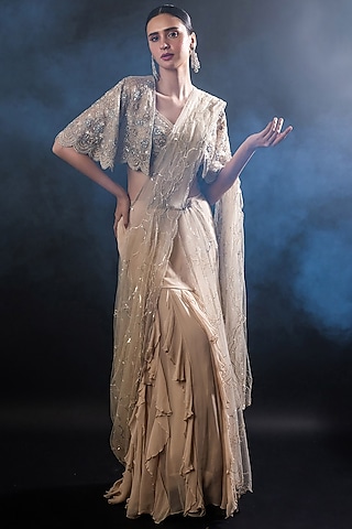 Buff-Colored Organza Georgette & Net Pre-Draped Frilled Saree Set by The Pink Mirror
