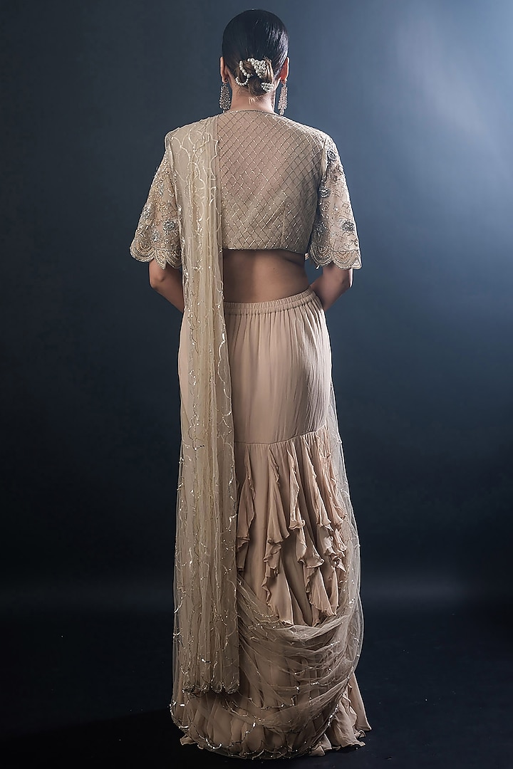 Buff-Colored Organza Georgette & Net Pre-Draped Frilled Wedding Saree Set by The Pink Mirror at Pernia's Pop Up Shop