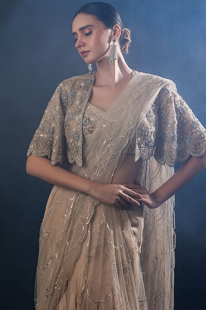Buff-Colored Organza Georgette & Net Pre-Draped Frilled Wedding Saree Set by The Pink Mirror at Pernia's Pop Up Shop