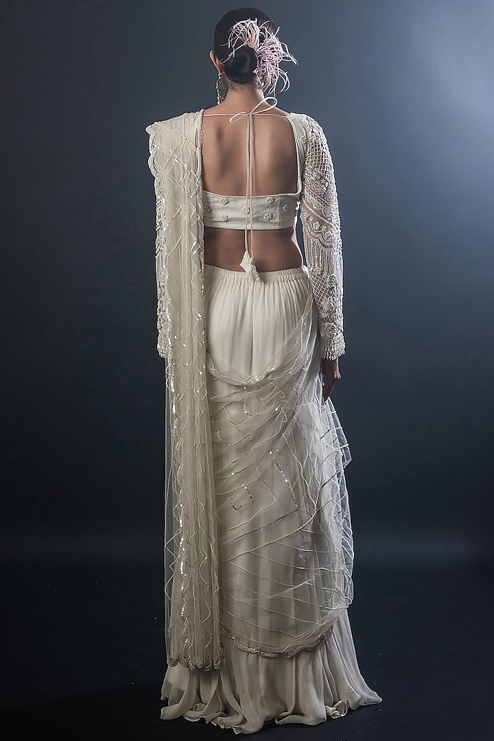 Off-White Organza Georgette & Net Pre-Draped Frilled Wedding Saree Set by The Pink Mirror at Pernia's Pop Up Shop