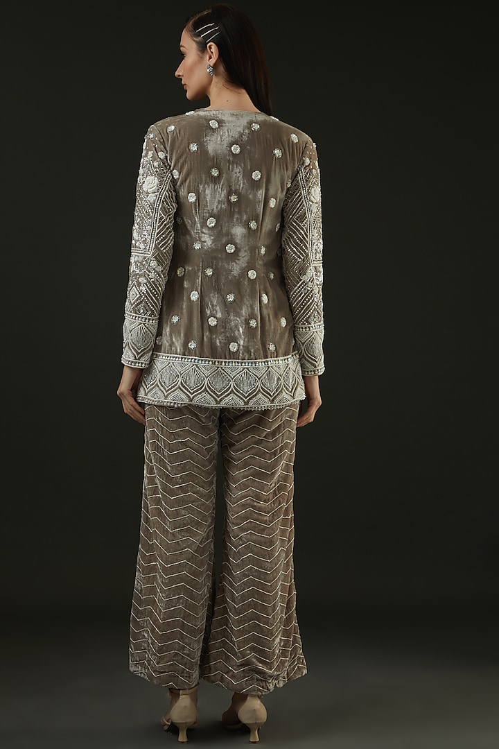 Grey Velvet Hand Embroidered Pant Set by The Pink Mirror at Pernia's Pop Up Shop