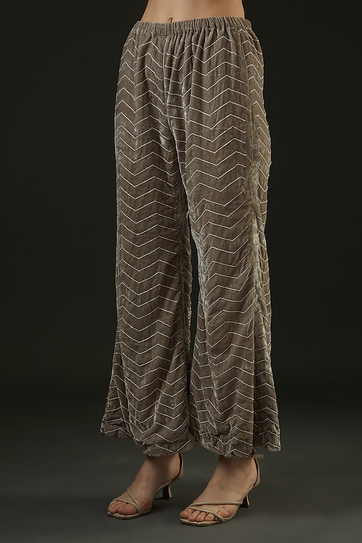 Grey Velvet Hand Embroidered Pant Set by The Pink Mirror at Pernia's Pop Up Shop
