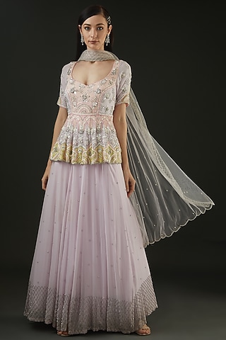 Mauve Georgette Peplum Attached Gown With Dupatta by The Pink Mirror