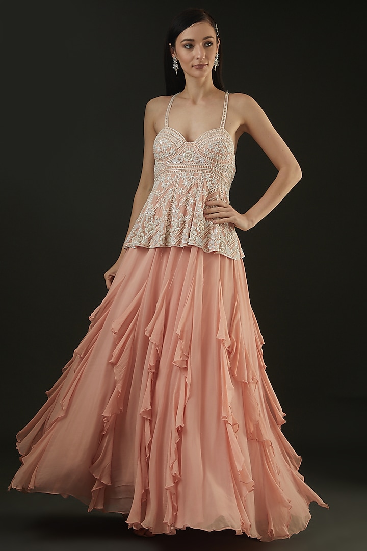 Peach Frilled Gown With attached Peplum by The Pink Mirror