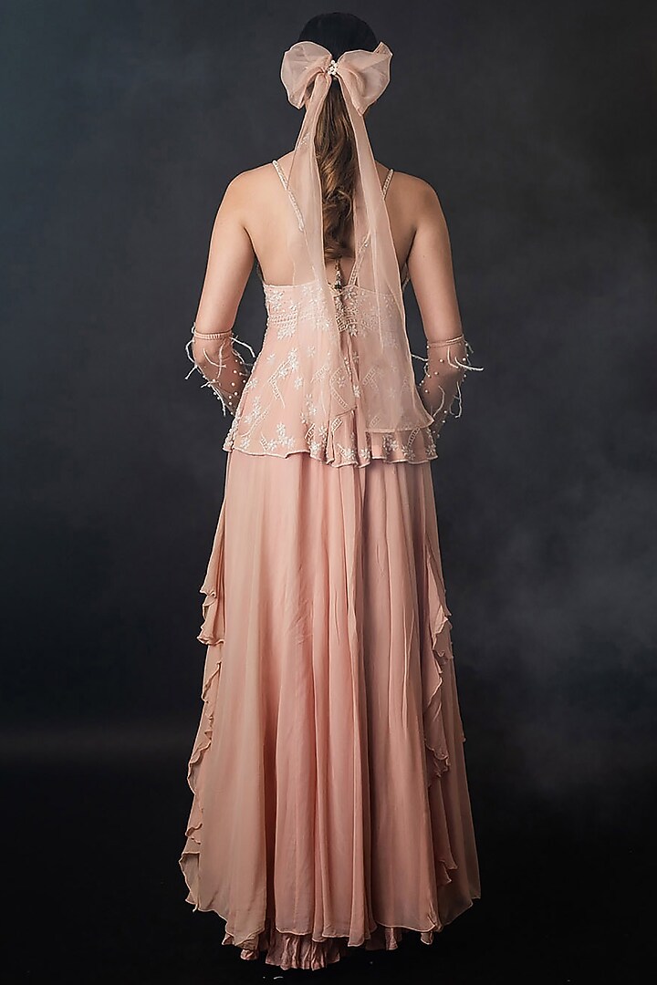 Dusty Pink Georgette Embroidered Frilled Engagement Gown by The Pink Mirror at Pernia's Pop Up Shop