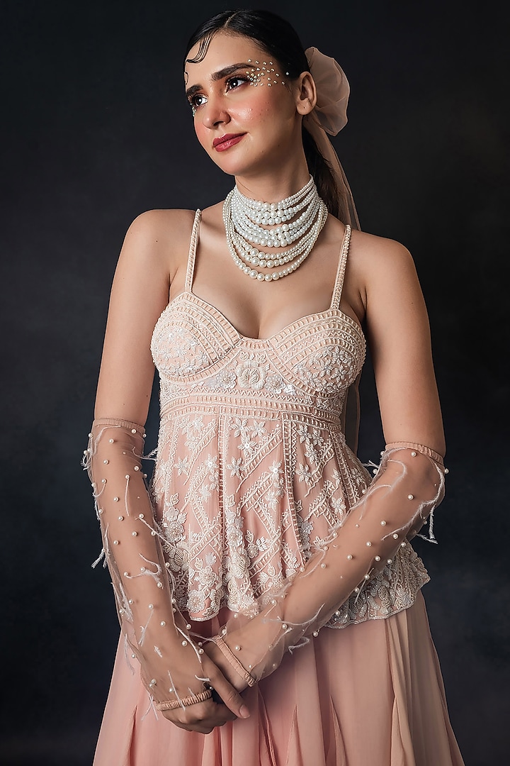Dusty Pink Georgette Embroidered Frilled Engagement Gown by The Pink Mirror at Pernia's Pop Up Shop