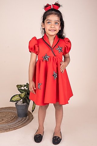 Red Neoprene Hand Embroidered Trench Dress For Girls by Toplove