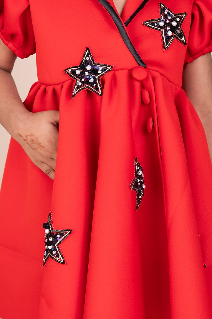 Red Neoprene Hand Embroidered Trench Dress For Girls by Toplove at Pernia's Pop Up Shop