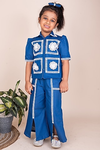 Blue Denim Lace Embellished Co-Ord Set For Girls by Toplove