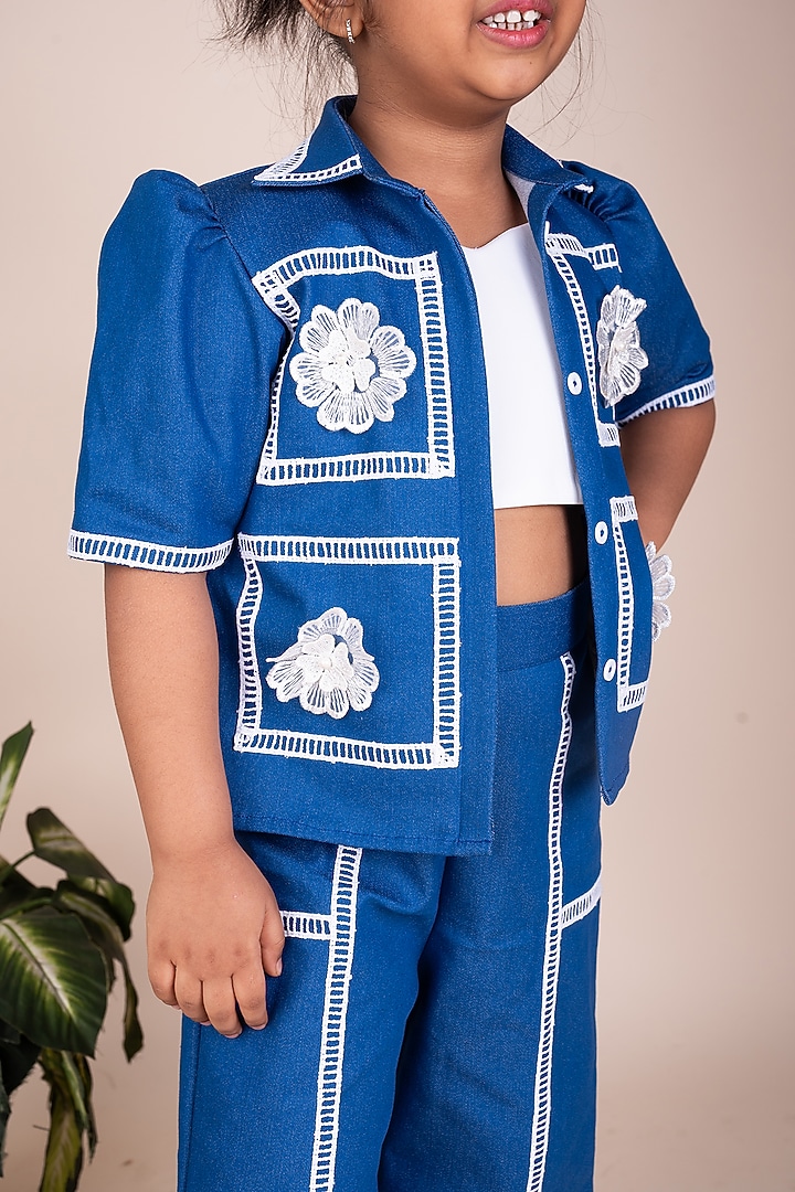 Girls Stylish Beige Frill Top & Embroidered Denim Pants Co-ord Set