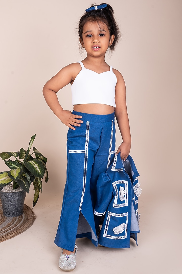 Blue Denim Lace Embellished Co-Ord Set For Girls by Toplove at Pernia's Pop Up Shop