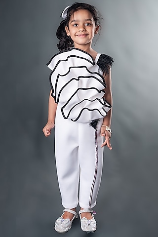 White Neoprene Fur Embellished Jumpsuit For Girls by Toplove