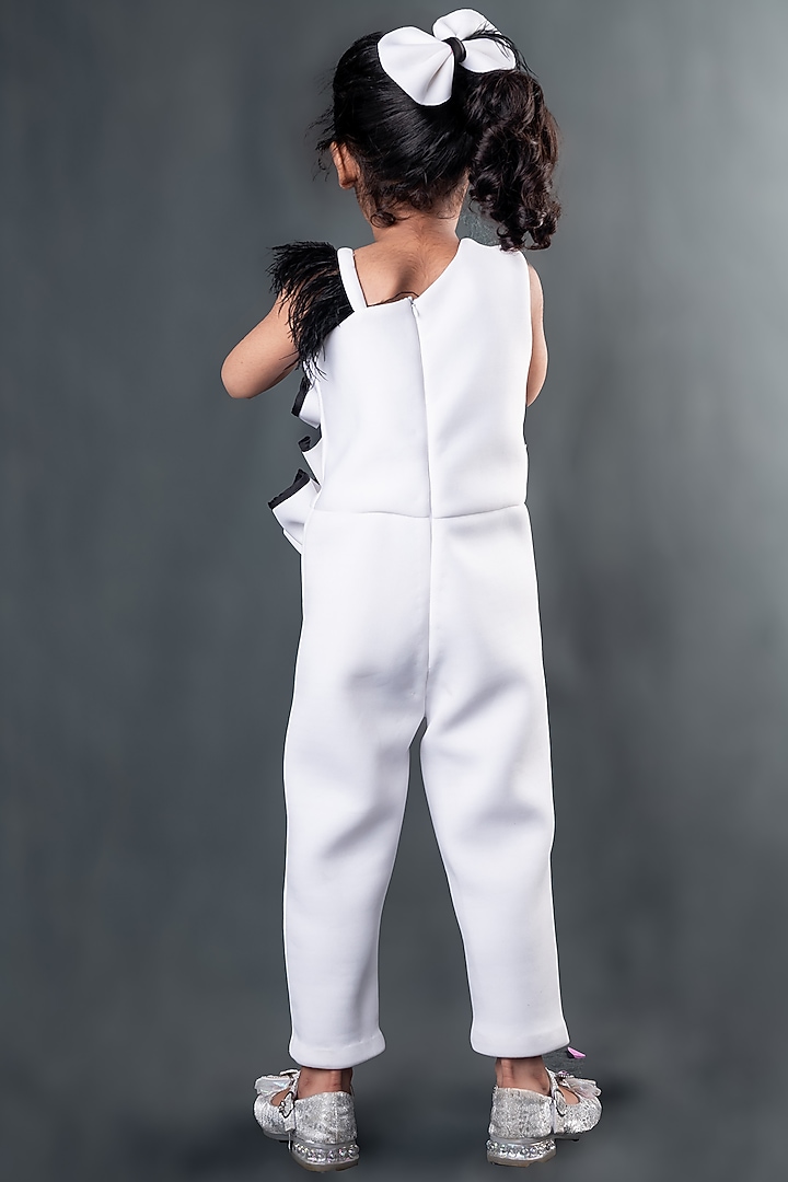 White Neoprene Fur Embellished Jumpsuit For Girls by Toplove at Pernia's Pop Up Shop