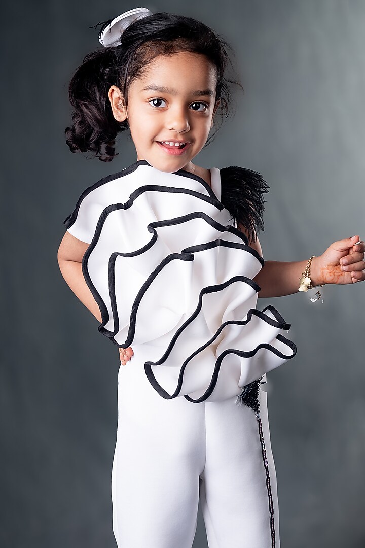 White Neoprene Fur Embellished Jumpsuit For Girls by Toplove at Pernia's Pop Up Shop