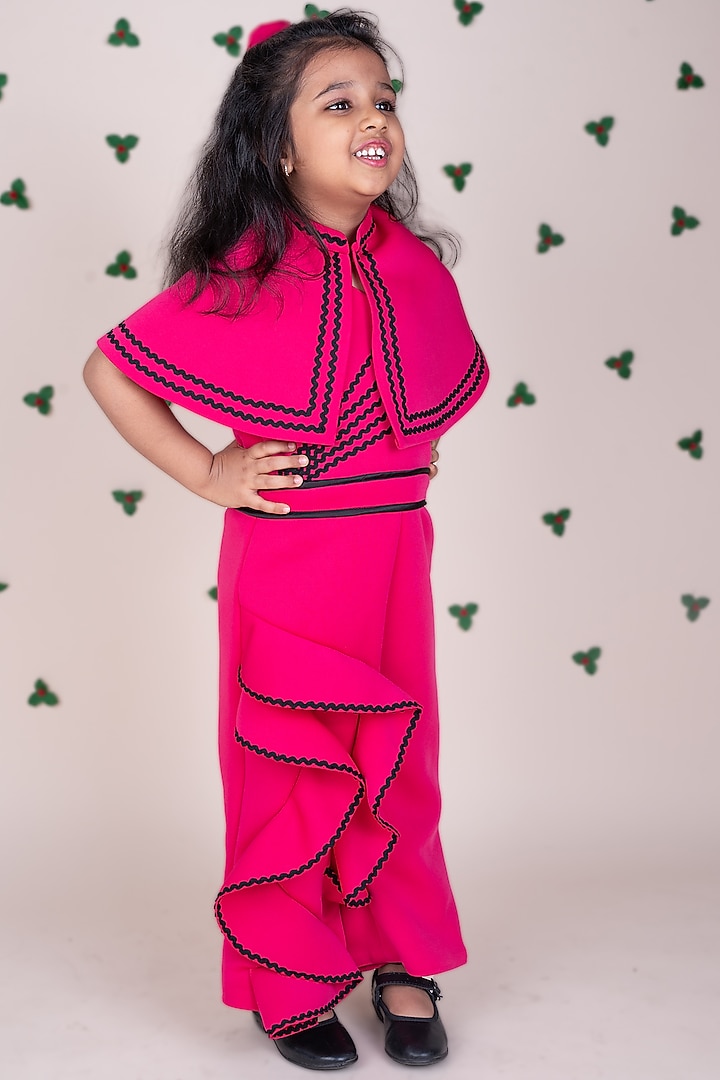 Hot Pink Scuba Ruffled Jumpsuit With Cape For Girls by Toplove at Pernia's Pop Up Shop