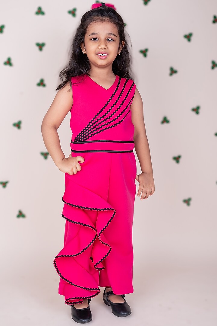 Hot Pink Scuba Ruffled Jumpsuit With Cape For Girls by Toplove at Pernia's Pop Up Shop