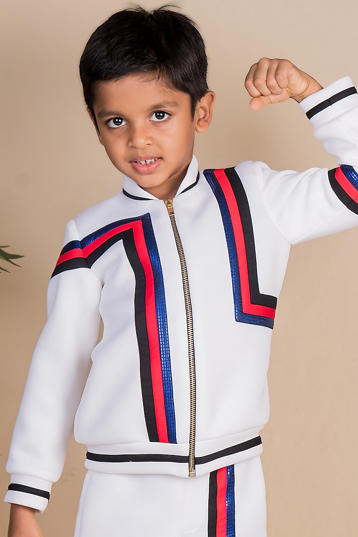 White Neoprene Bomber Jacket For Boys by Toplove