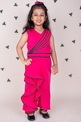 Hot Pink Scuba Ruffled Jumpsuit For Girls by Toplove