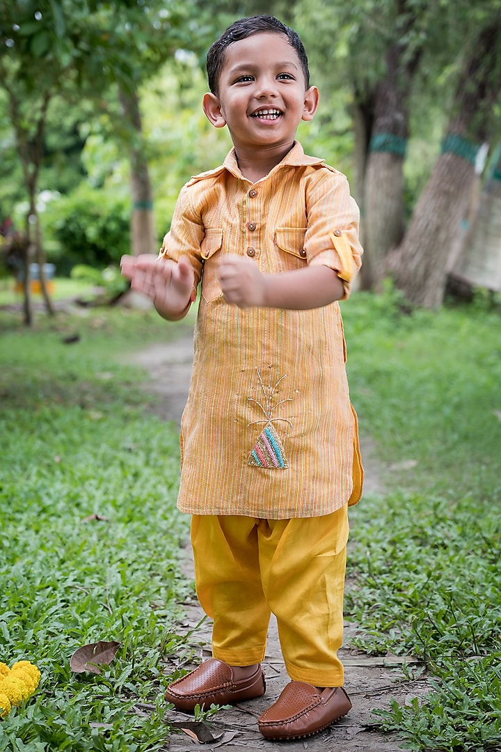 Mustard Yellow Chanderi Cotton Embroidered Kurta Set For Boys by Toplove