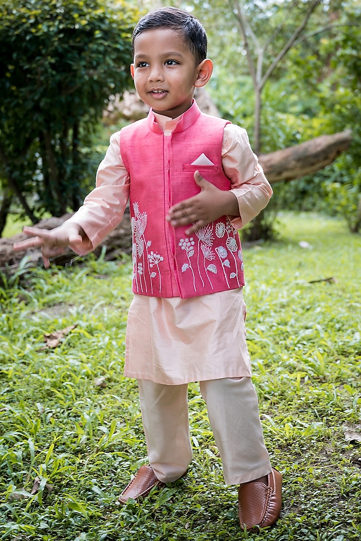 Coral Dupion Embroidered Nehru Jacket With Kurta Set For Boys by Toplove