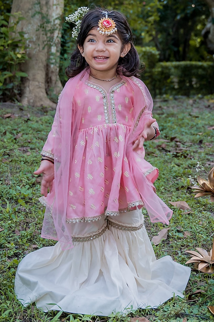 Pink Chanderi Cotton Sharara Set For Girls by Toplove