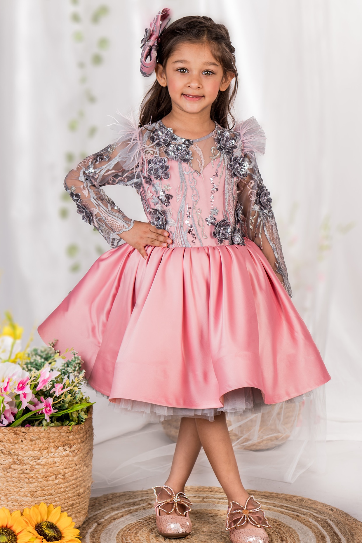 Girls Pink Floral Dress with top sequins