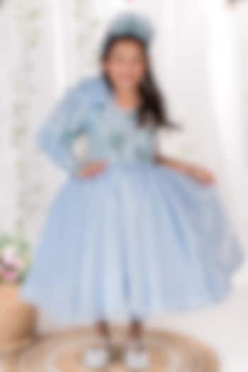 Powder Blue Shimmer Organza & Net 3D Sequins Floral Embellished Dress For Girls by Toplove at Pernia's Pop Up Shop