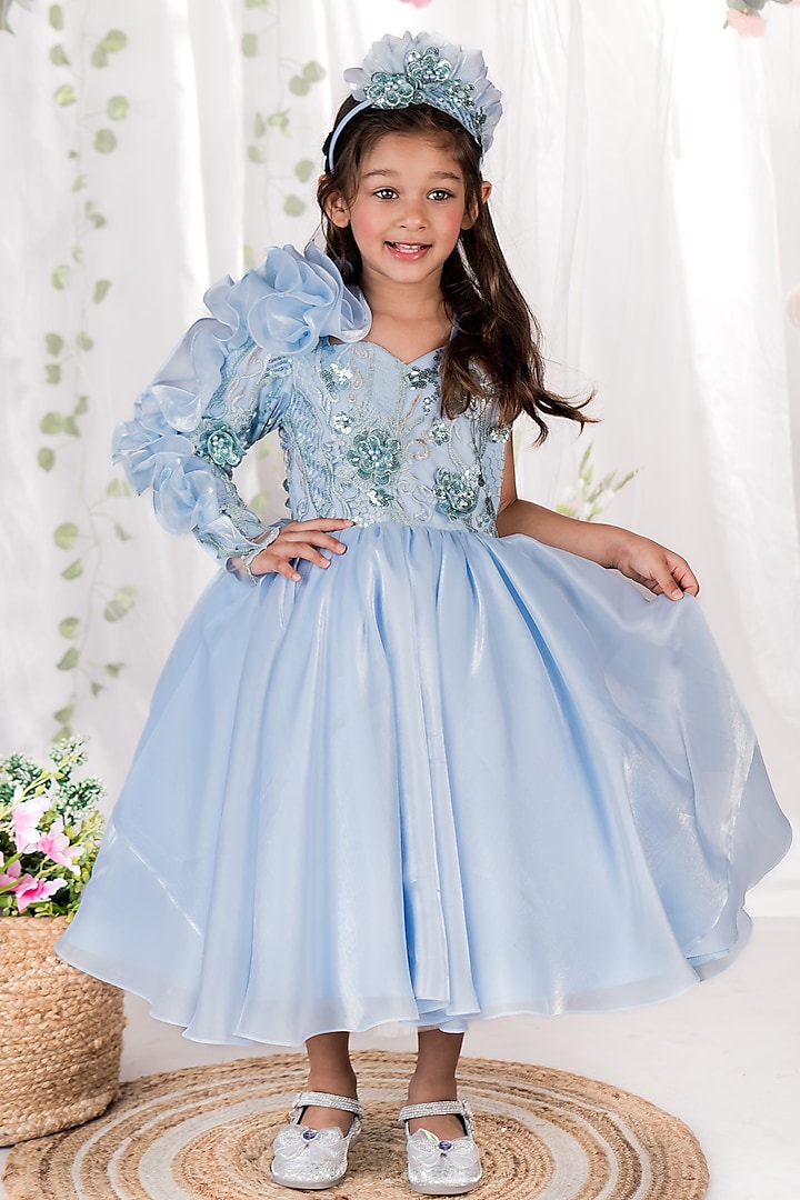 Powder Blue Shimmer Organza & Net 3D Sequins Floral Embellished Dress For Girls by Toplove at Pernia's Pop Up Shop