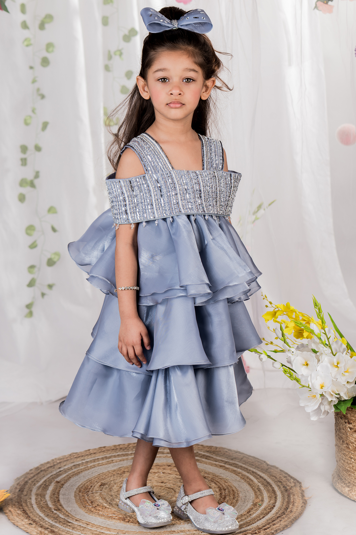Bluish Grey Shimmer Organza Cutdana Embroidered Dress For Girls by Toplove at Pernia's Pop Up Shop