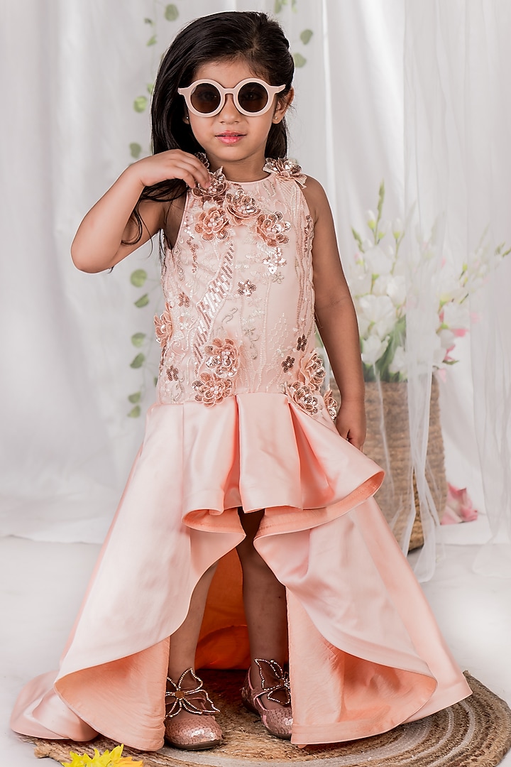 Peach Imported Satin 3D Sequins Floral Embellished Gown For Girls by Toplove at Pernia's Pop Up Shop