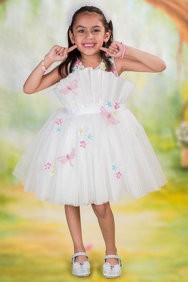 White Shimmer Net Floral Hand Embroidered Dress For Girls by Toplove at Pernia's Pop Up Shop