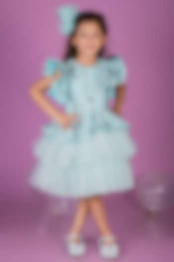 Aqua Blue Net 3D Sequins Floral Embroidered Dress For Girls by Toplove at Pernia's Pop Up Shop