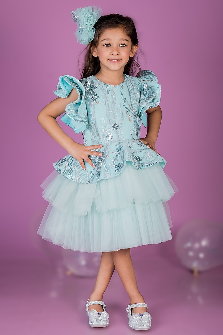 Aqua Blue Net 3D Sequins Floral Embroidered Dress For Girls by Toplove at Pernia's Pop Up Shop