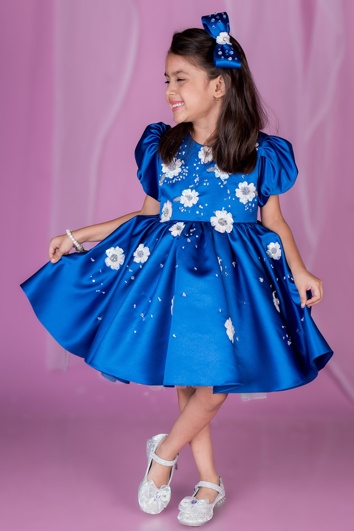 Royal Blue Imported Satin Floral Hand Embroidered Dress For Girls by  Toplove at Pernia's Pop Up Shop