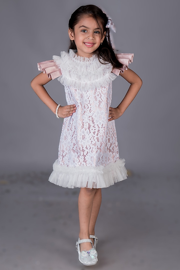 White Chantilly & Net Ruffled Dress For Girls by Toplove at Pernia's Pop Up Shop