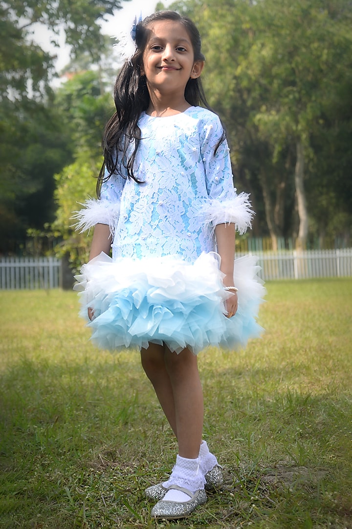 Sky Blue & White Chantilly Ruffled Dress For Girls by Toplove at Pernia's Pop Up Shop