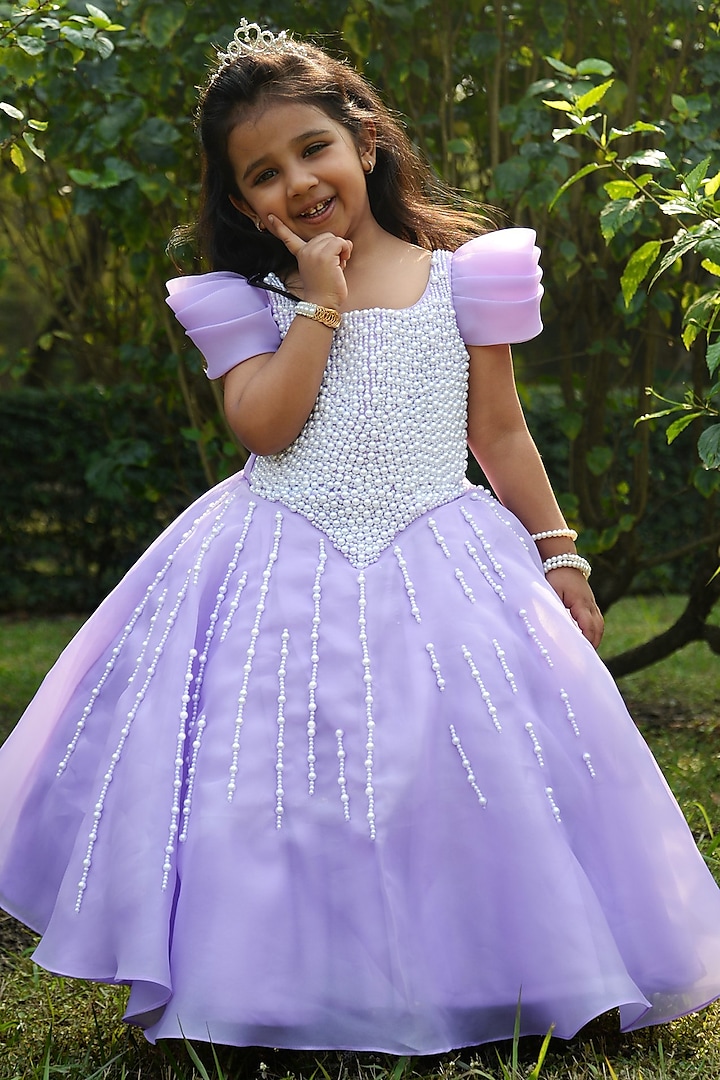 Lavender Shimmer Organza & Net Pearl Hand Embroidered Gown For Girls by Toplove at Pernia's Pop Up Shop