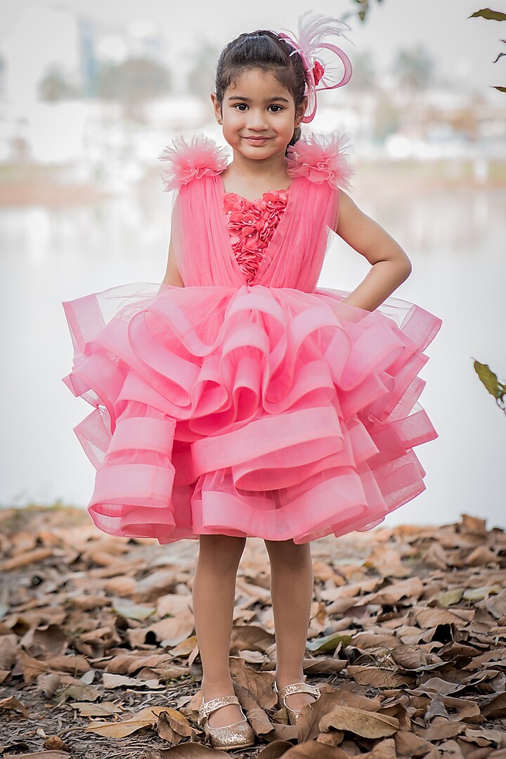 Pink Net Layered Dress For Girls by Toplove