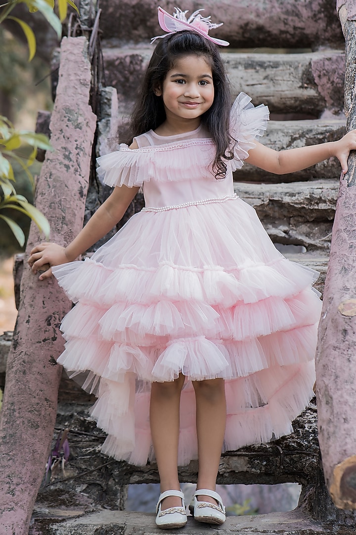 Blush Pink Net Ruffled Dress For Girls by Toplove
