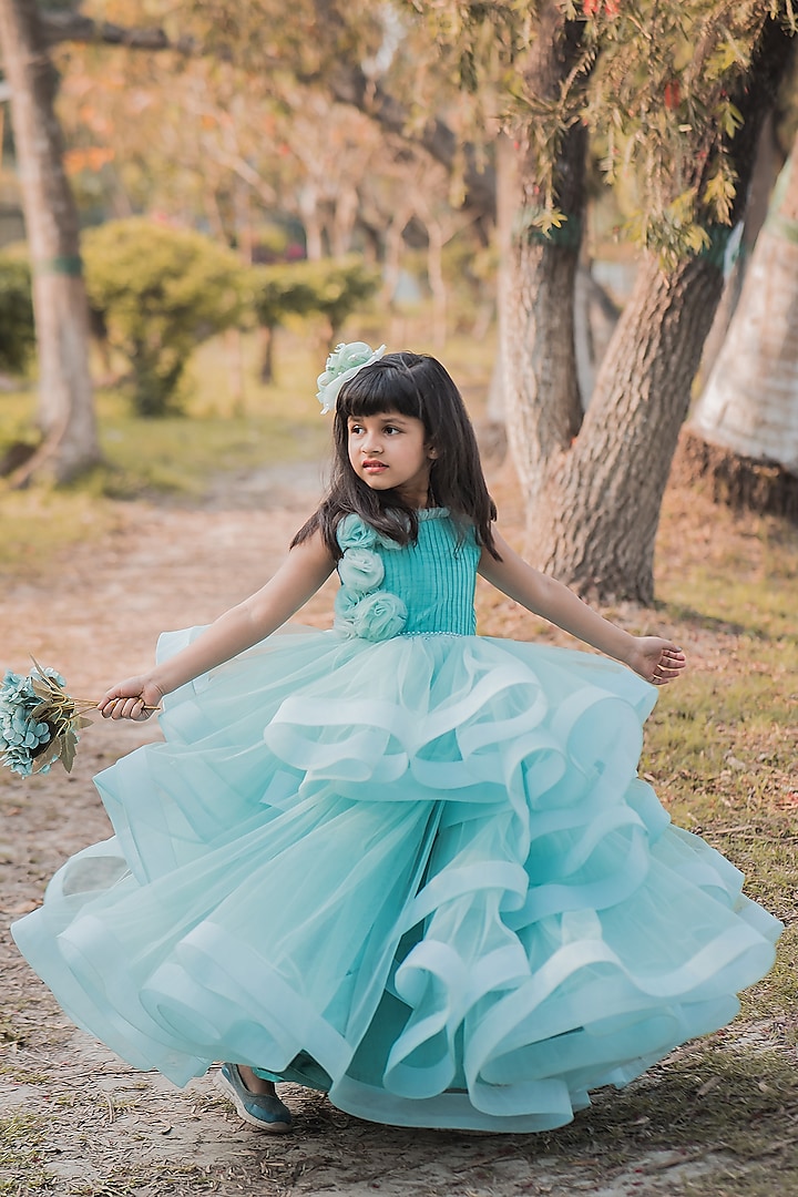 Powder Blue Net Ruffled Gown For Girls by Toplove