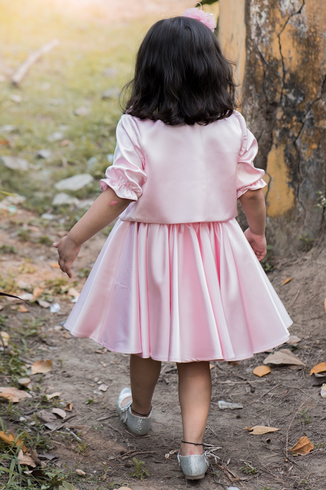 Blush Pink Milano Satin Embroidered Dress For Girls Design by Li'l Angels  at Pernia's Pop Up Shop 2024