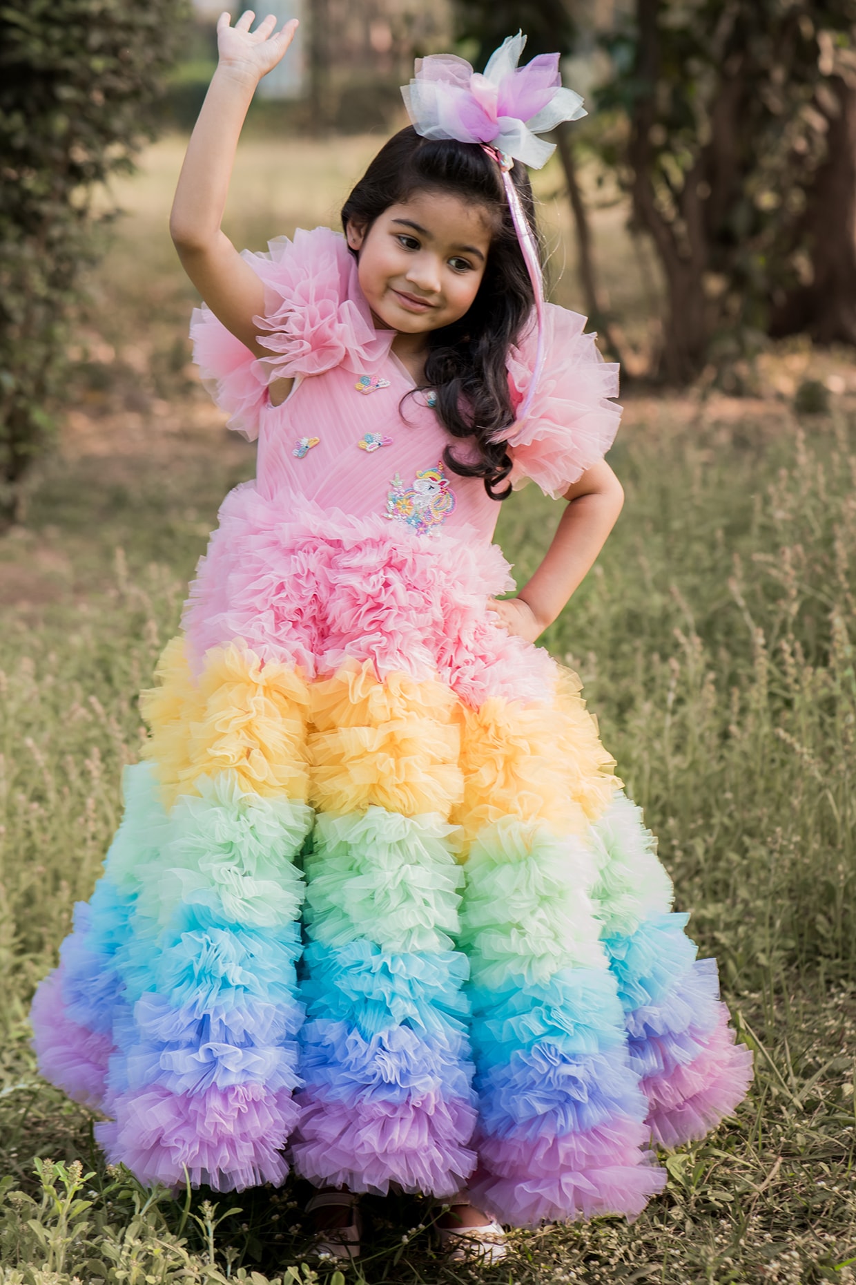 Rainbow with cloud theme in light multi colour frilled gown | The Little  Factory