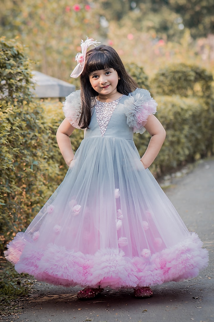 Grey & Pink Embellished Gown For Girls by Toplove